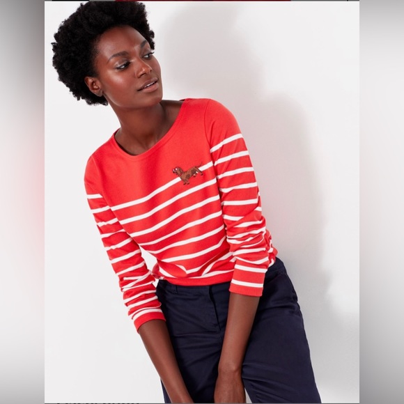 Joules Tops - Joules Harbour Dachshund Embroidered Long Sleeve Red Striped Jersey Top Women 8.